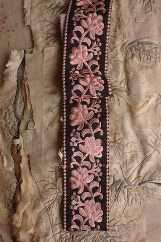 Vintage Embroidered Floral Silk Milliner's Ribbon - Pink & Black