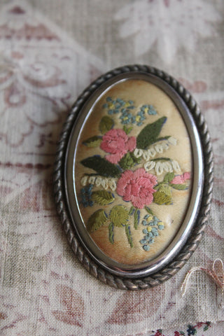 Hand Embroidered Thirties Brooch - Roses, Lily of the Valley & Forget Me Nots