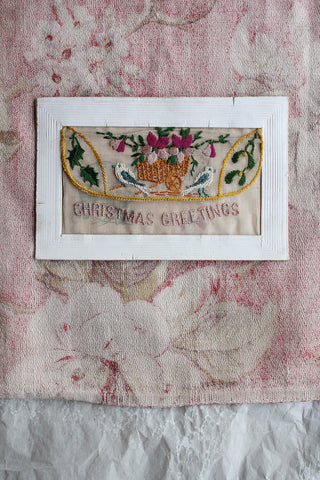Old WW1 Embroidered Postcard - Flowers, Birds, Holly & Mistletoe