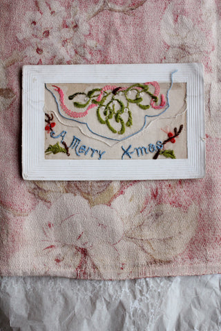 Old WW1 Embroidered Postcard - Mistletoe