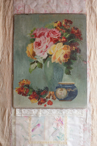 Thirties Reclaimed Floral Oil Painting - Roses & Still Life