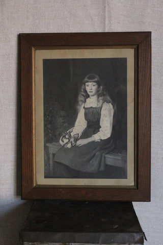 Old Print - Girl in Pretty Blouse Holding Roses