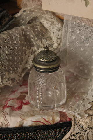 Cut Glass Bottle/Ink Well  With Decorative Hinged Lid