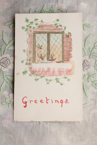 Old Hand Painted Christmas Postard - Robins