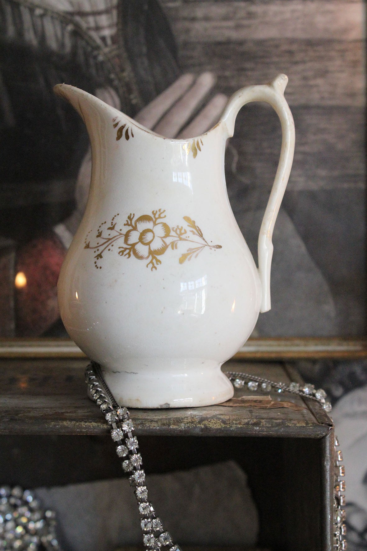Old Victorian Warm White and Hand Painted Gold Milk Jug