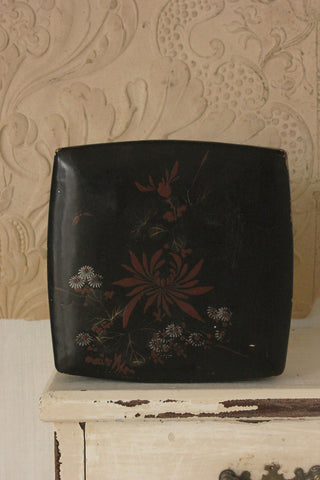 Old Worn Black Lacquered Hand Painted Handkerchief Box