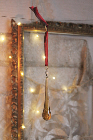 Antique Honey Blown Glass Droplet Decoration & Red Ombre Ribbon