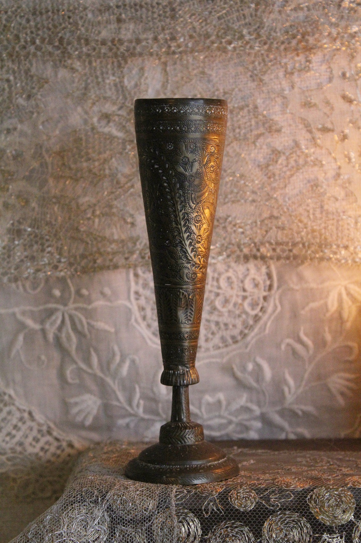 Old Etched Indian Brass Narrow Goblet