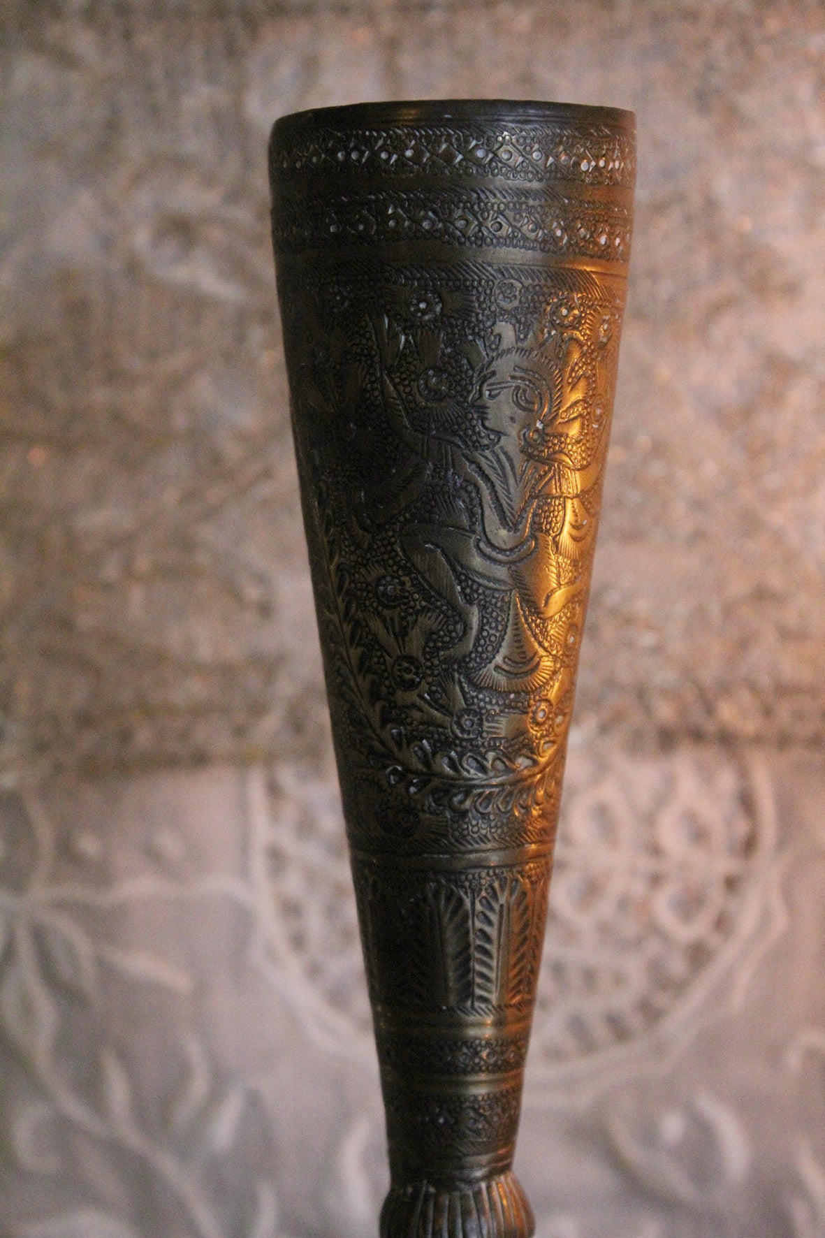 Old Etched Indian Brass Narrow Goblet