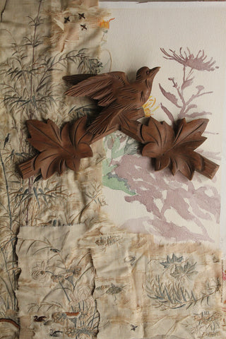 Carved Wooden Bird & Leaf Reclaimed Decorative