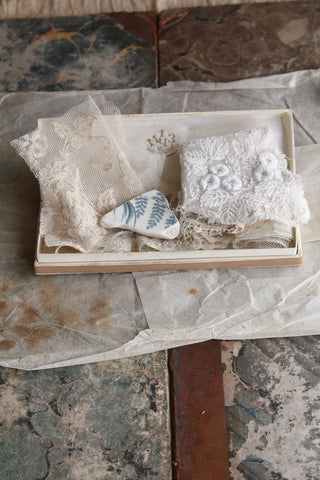 Old Silk Lined Jewellery Box Filled With Antique Lace