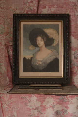 Old Framed Engraved Mezzotint Portrait - Lady With Feathered Hat
