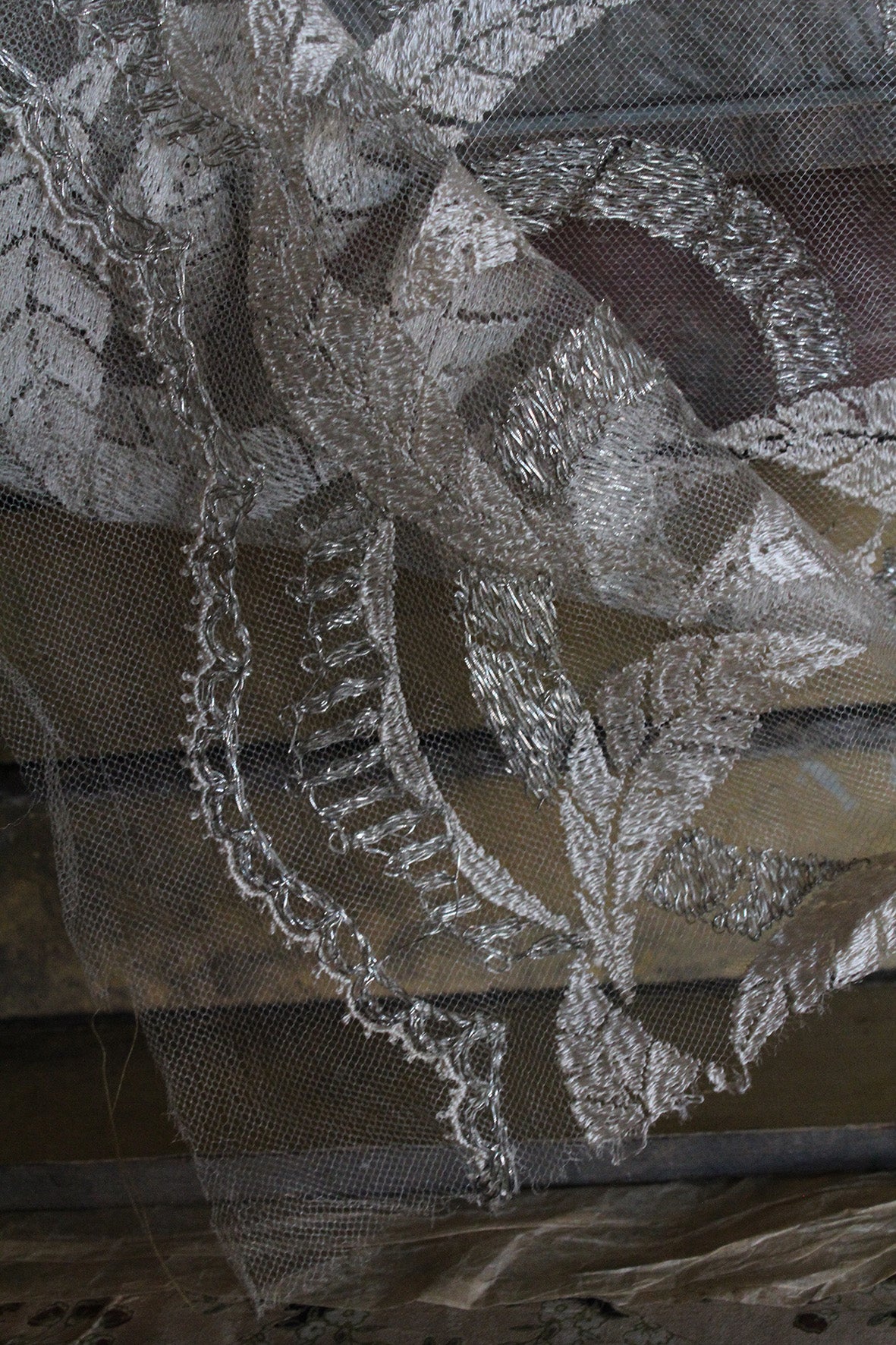 Antique Embroidered Floral Lace Sample with Fine Metallic Thread Details