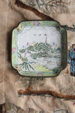 Old Enamelled Chinese Metal Dish - Houses In The Hills