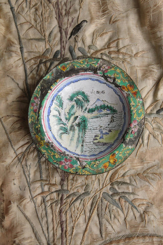 Old Enamelled Chinese Metal Dish - Waiting for the Boat