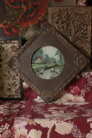 Hand Painted Milk Glass Scene in Decorative Frame