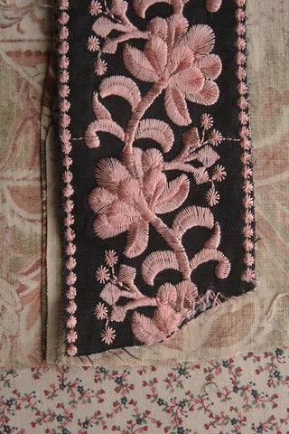 Vintage Embroidered Floral Silk Milliner's Ribbon - Pink & Black