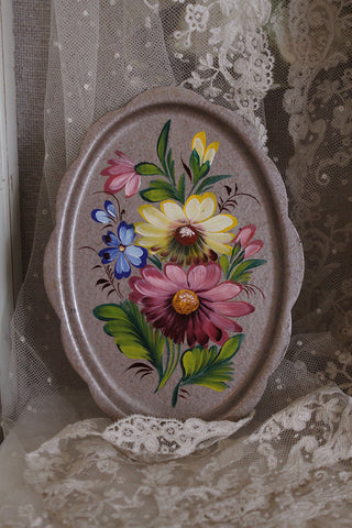 Hand Painted Miniature Vintage Metal Floral Plate
