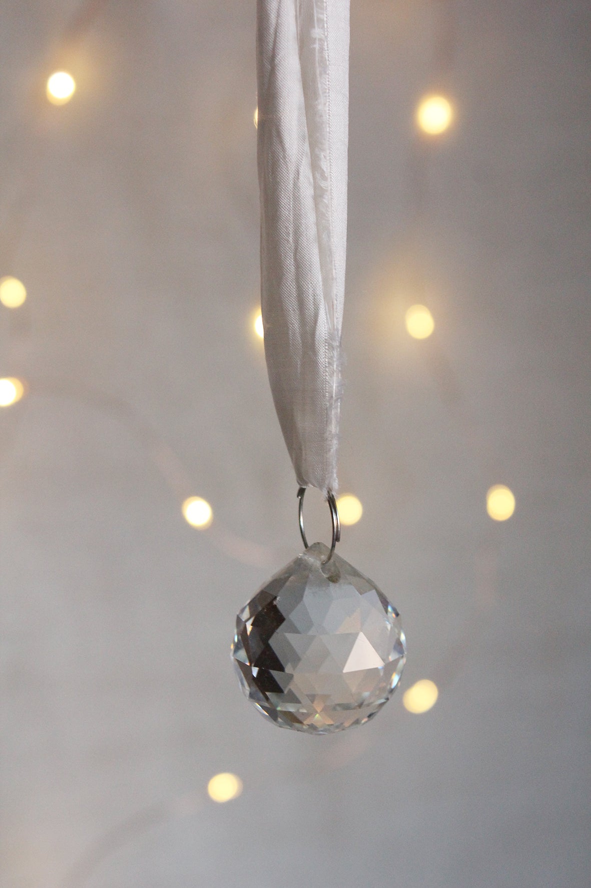 Antique Cut Glass Chandelier Faceted Ball With White Silk Hanger