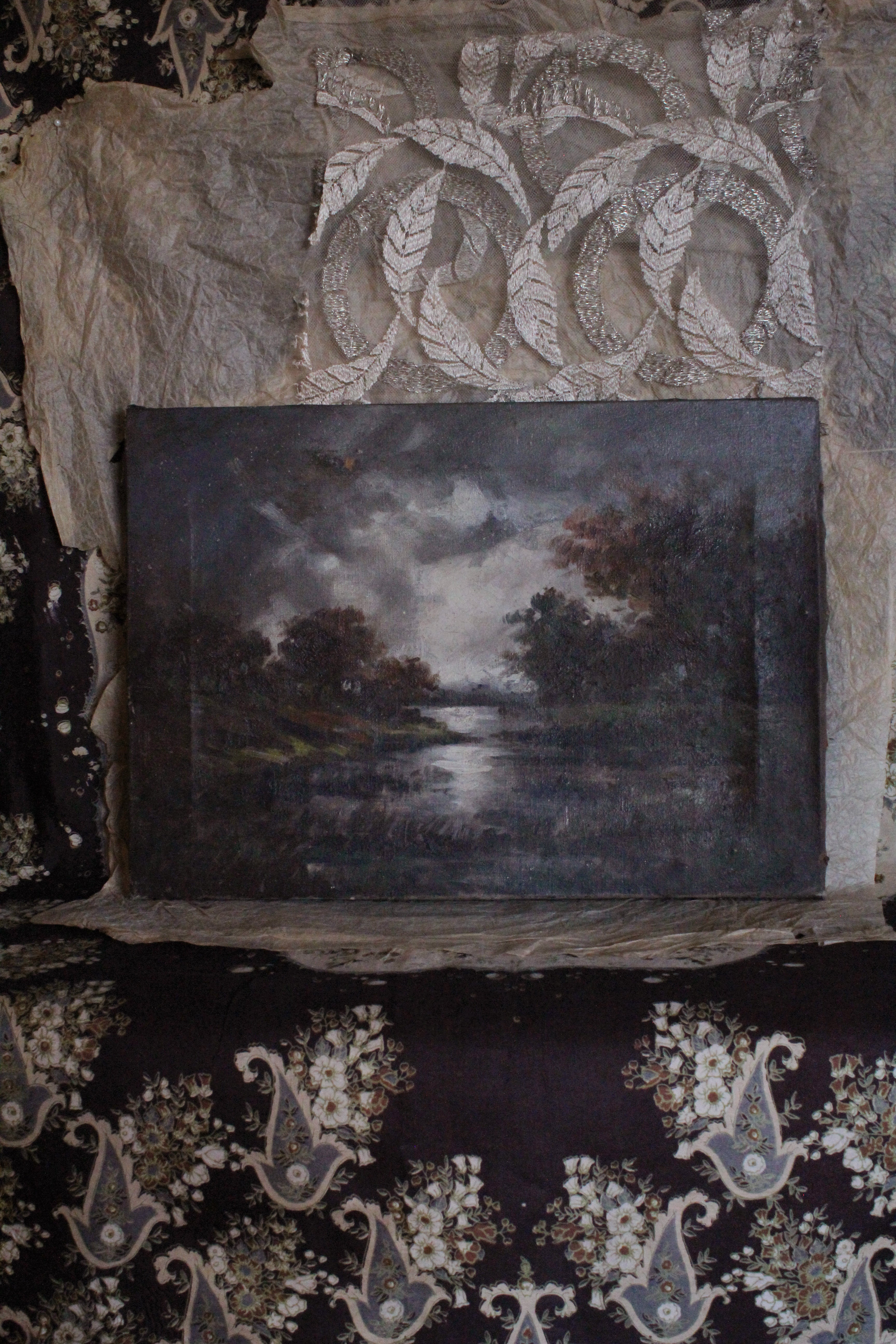 Old Moonlit Oil Painting on Canvas