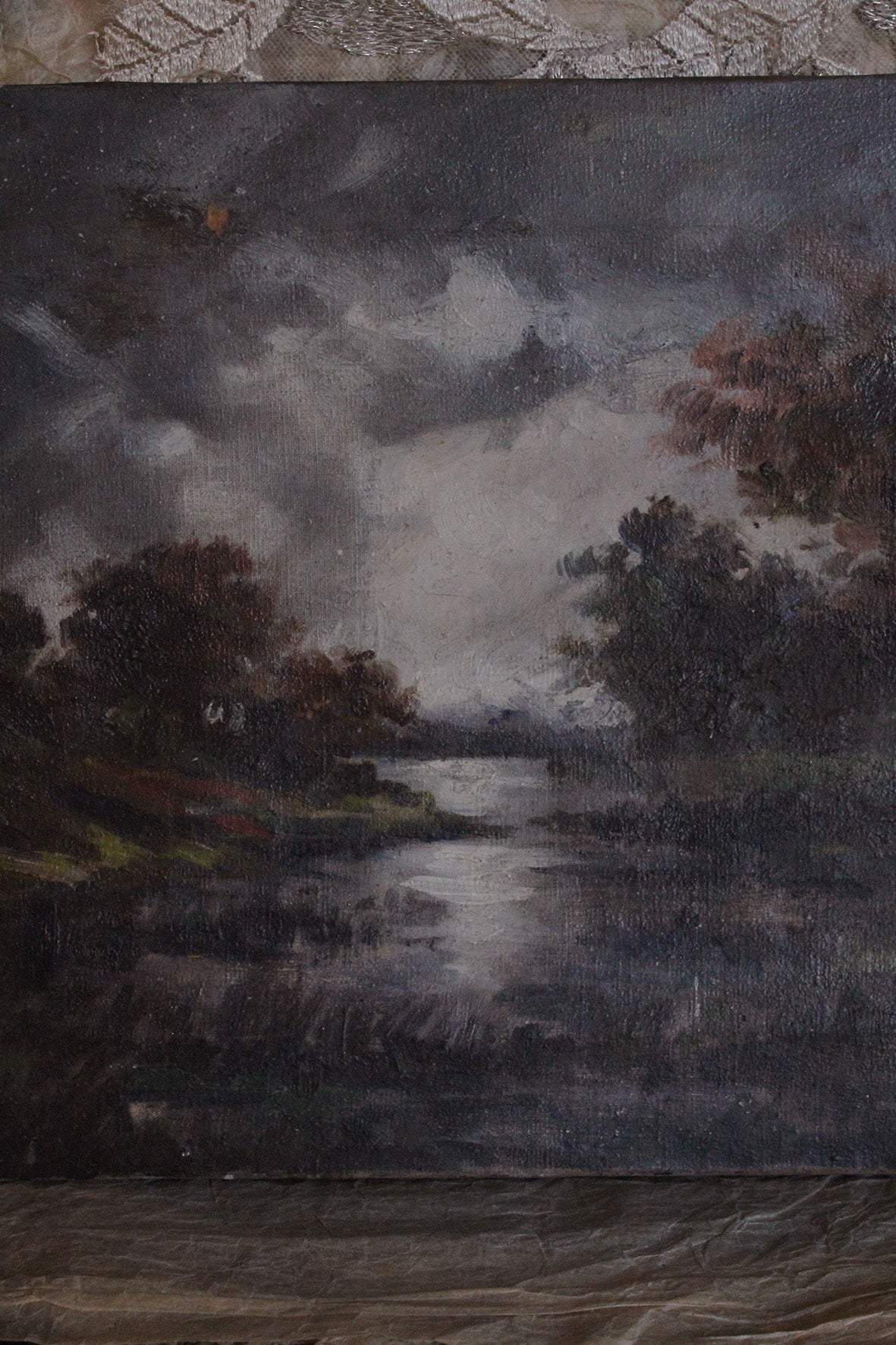 Old Moonlit Oil Painting on Canvas