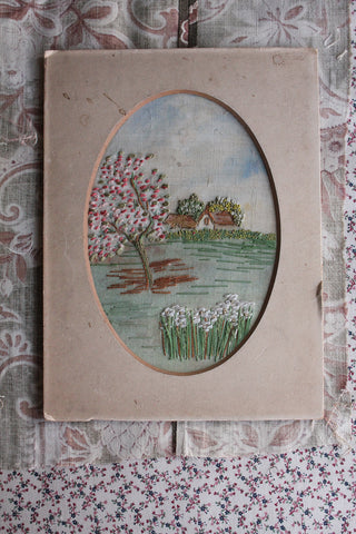 Old Embroidered Miniature - Cottages and Blossom Tree