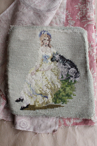 Needlepoint Sampler of a Regency Lady and Her Dog
