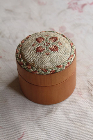Wooden Pot with Needlework Pin Cushion Top