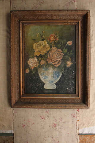 Beautiful Old Rustic French Floral Oil Painting