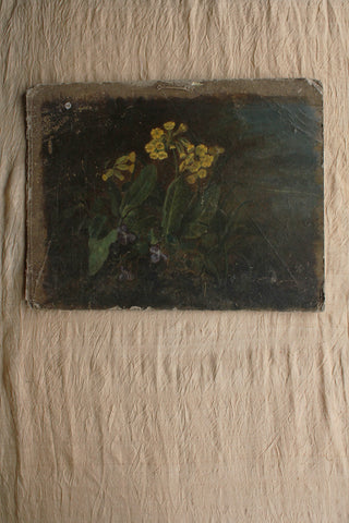 Beautiful Old Worn Floral Oil Painting on Board - Primroses & Violets