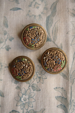 Hand Painted Old Brass Pressed Floral Buttons