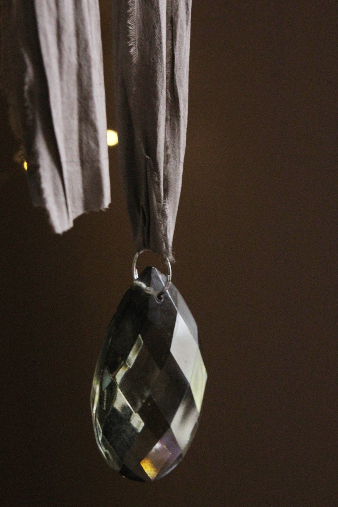 Antique French Faceted Pewter Glass Chandelier Drop - Grey Mauve Silk Tie
