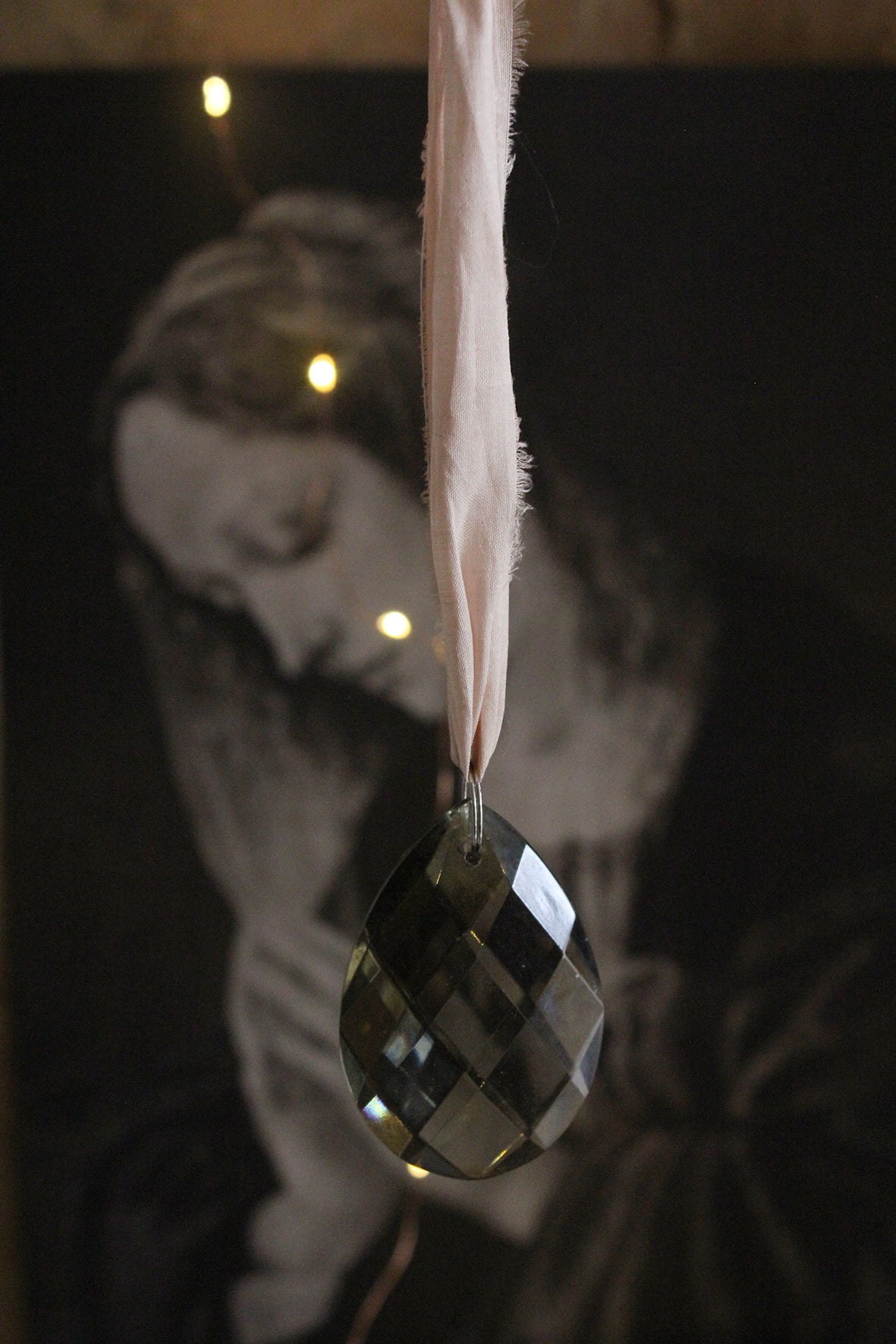 Antique French Faceted Pewter Glass Chandelier Drop - Gentle Blush Silk Tie