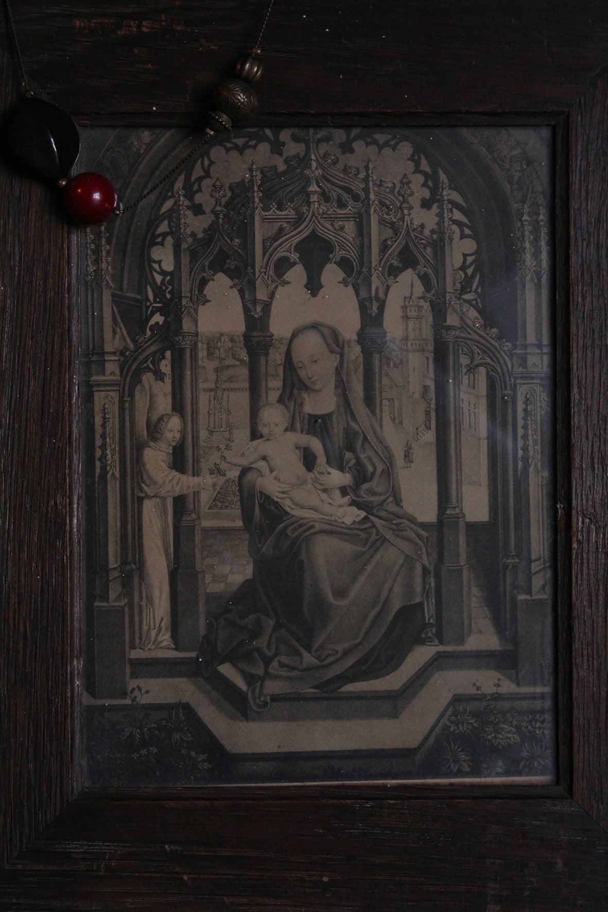 Beautiful Antique Wooden Frame with Old Print - "Madonna with Child and Close Angel"