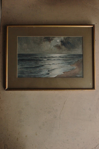 Old Framed Twenties Watercolour - A Moonlit Shore - Painting 1