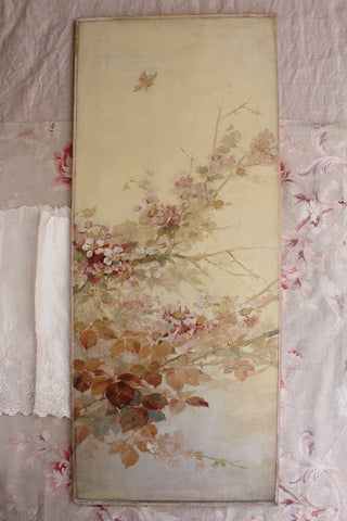 Beautiful Delicate 19th Century Painting - Blossom, Leaves And A BUtterfly