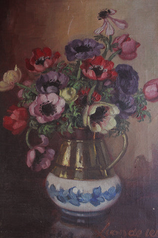 Old Oil Painting on Canvas - Vas eof Anemones