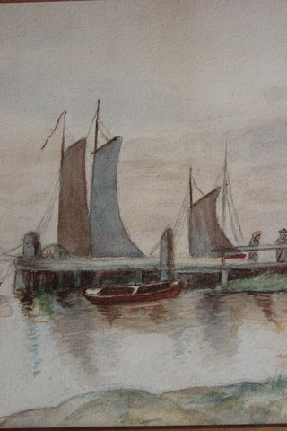 Old Framed Edwardian Watercolour - Resting Fishing Boats