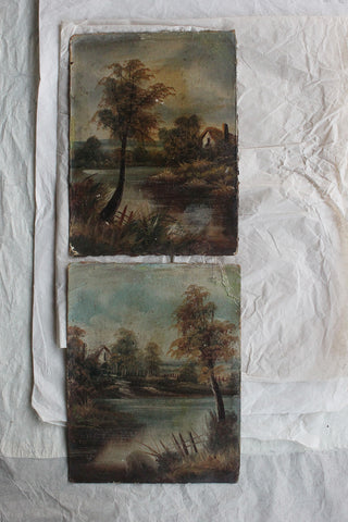 Old Small Landscape Oil Paintings on Board