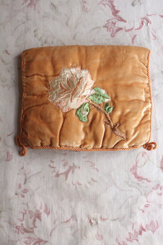 Velvet Pouch With Hand Embroidered Rose Applique