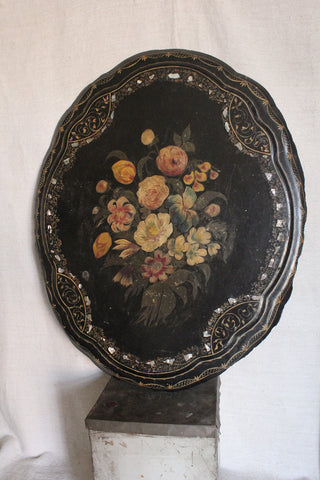 Large Floral Victorian Papier Mache and Mother of Pearl Table Top