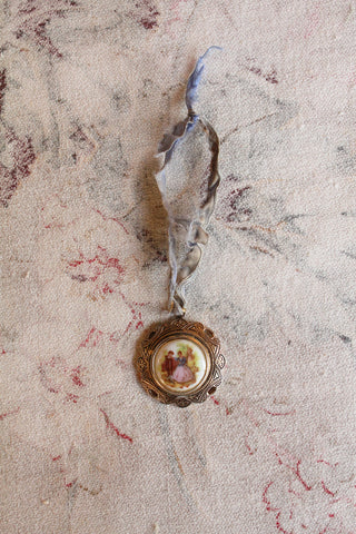 Old Ceramic Pendant with Faded Blue Silk Hanger