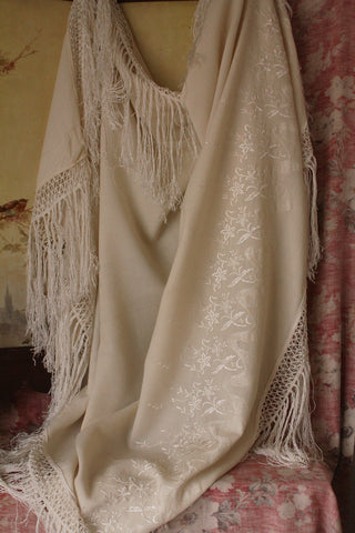 Antique Embroidered Silk & Wool Piano Shawl - No.1