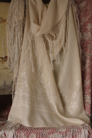 Antique Embroidered Silk & Wool Piano Shawl - No.3
