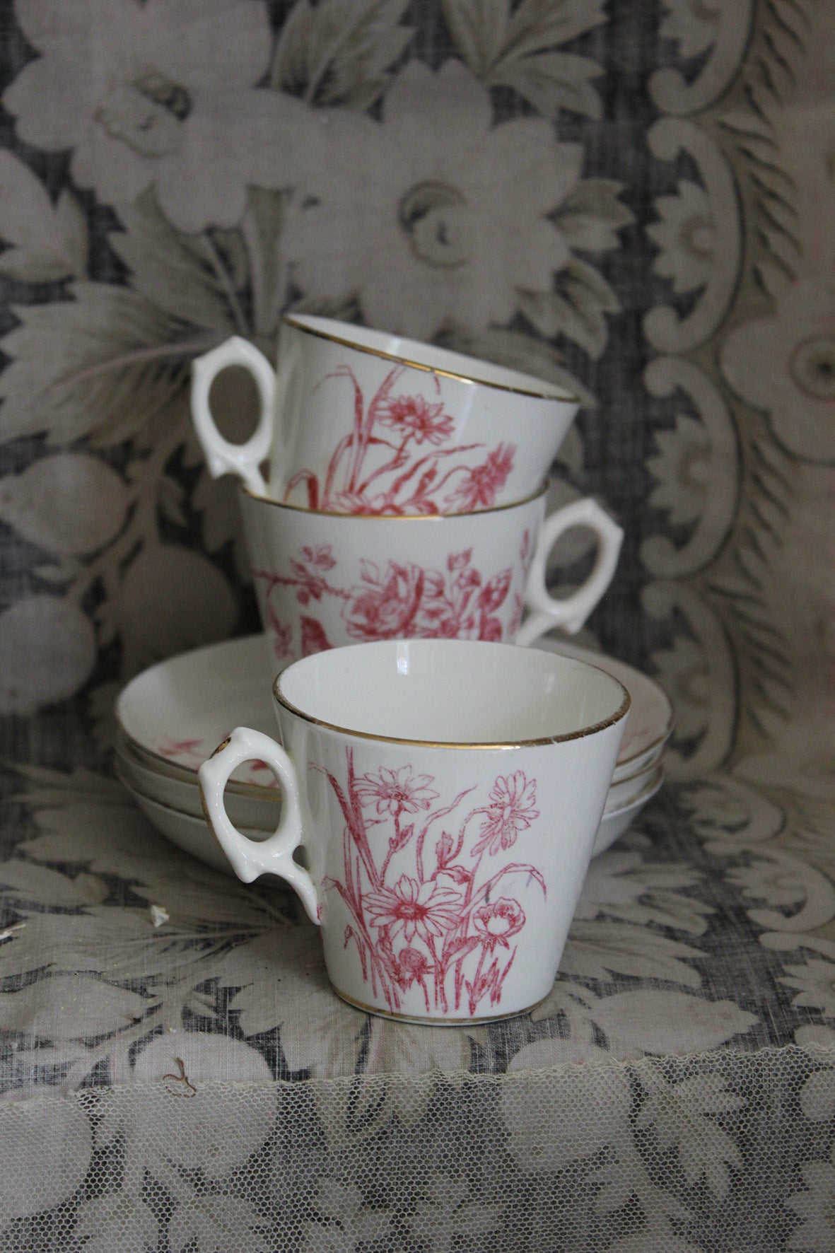 Precious Trio of Victorian Pink Cup & Saucers - Birds, Daisies & Camelias