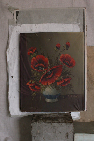 Old Oil Painting on Canvas - Poppies in Blue Vase