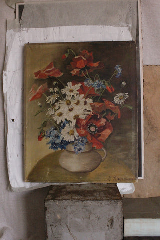 Old Belgian Oil Painting on Canvas - Poppies, Daisies & Cornflowers