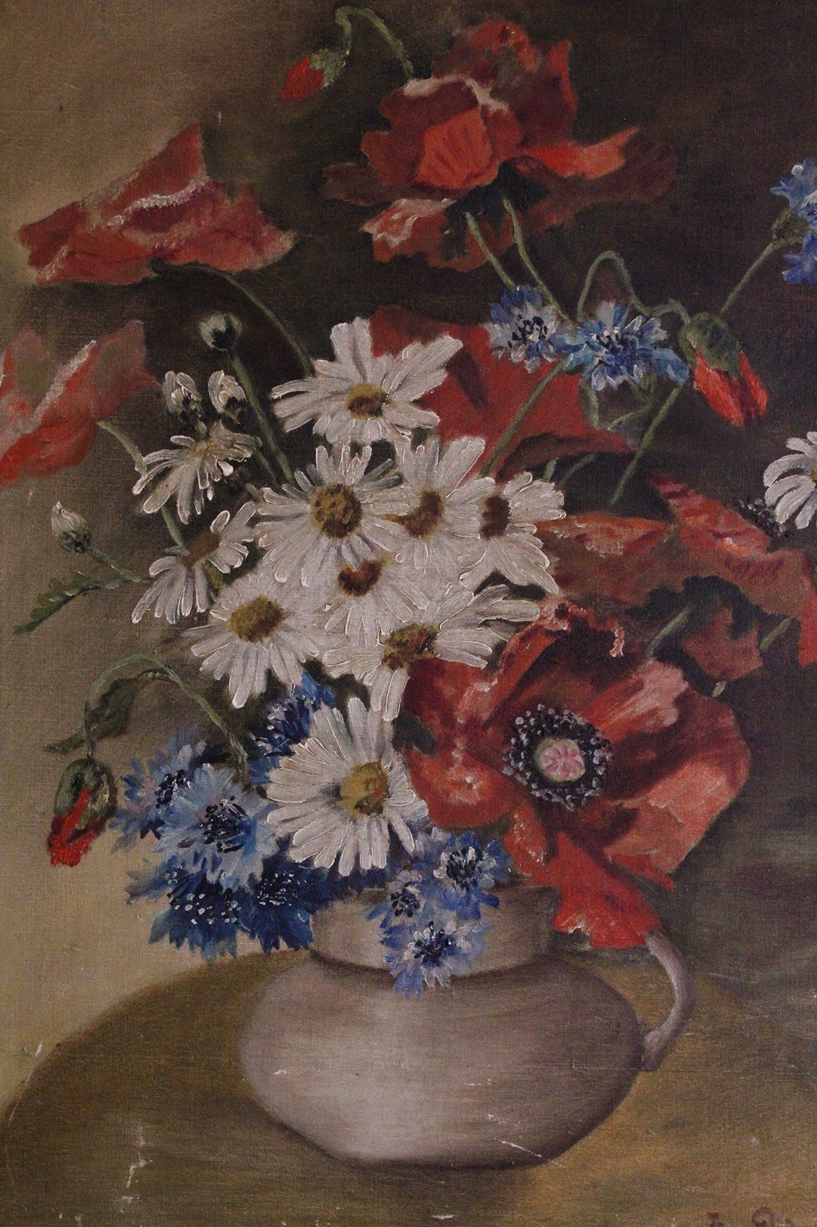 Old Belgian Oil Painting on Canvas - Poppies, Daisies & Cornflowers