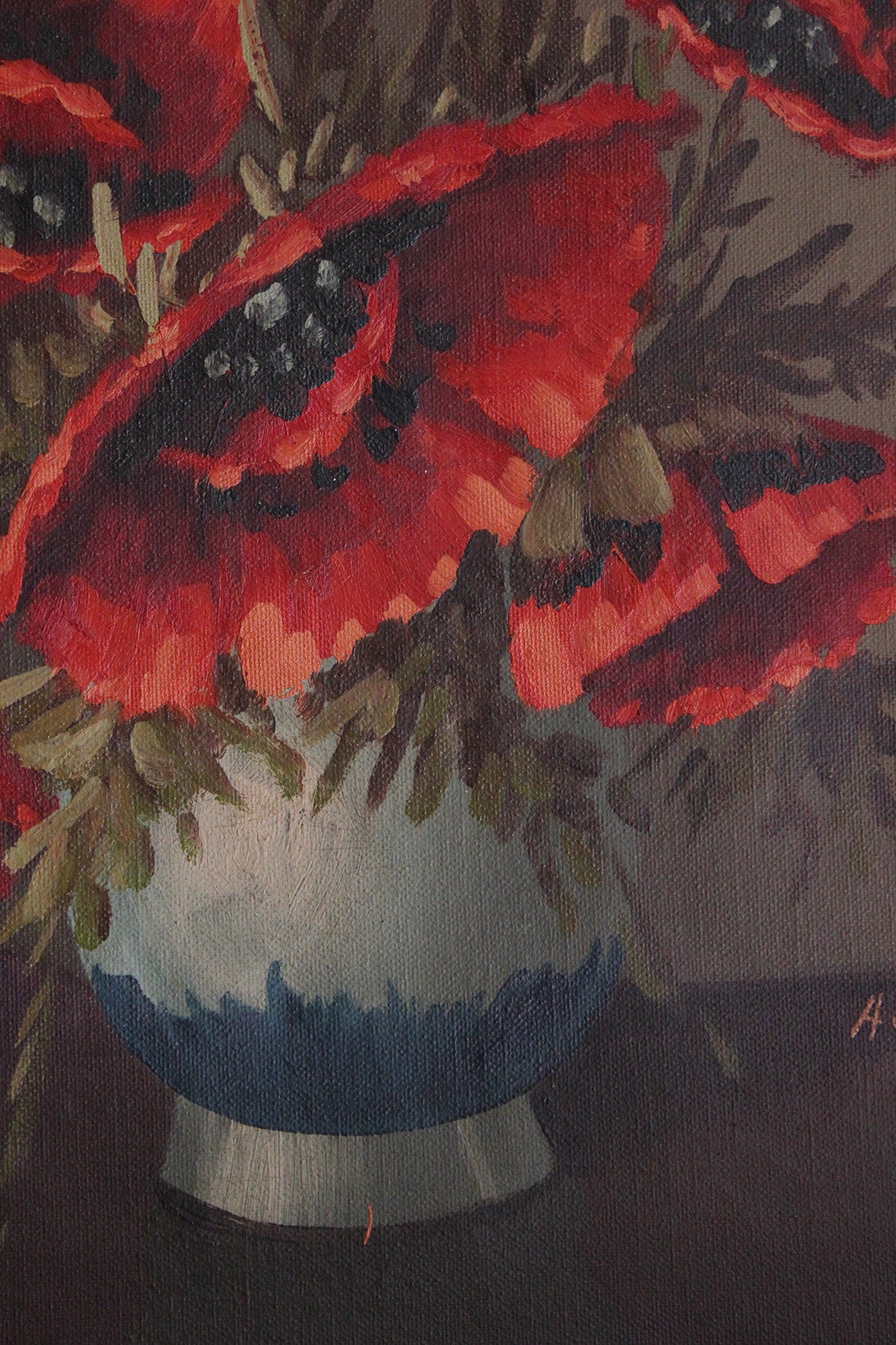 Old Oil Painting on Canvas - Poppies in Blue Vase