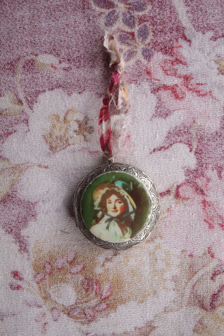 Vintage Large Portrait Locket with Silk Floral Hanger